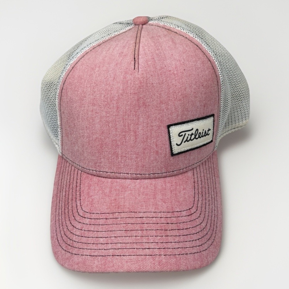 Titleist Golf Hat Mens L/XL Pink White Mesh‎ Back Trucker Stretch Fit Cap Logo